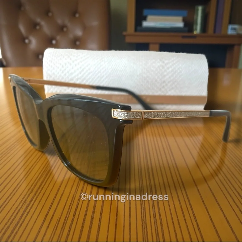 New In Case Jimmy Choo Olye Square Sunglasses In Black & Gold Glitter Accent